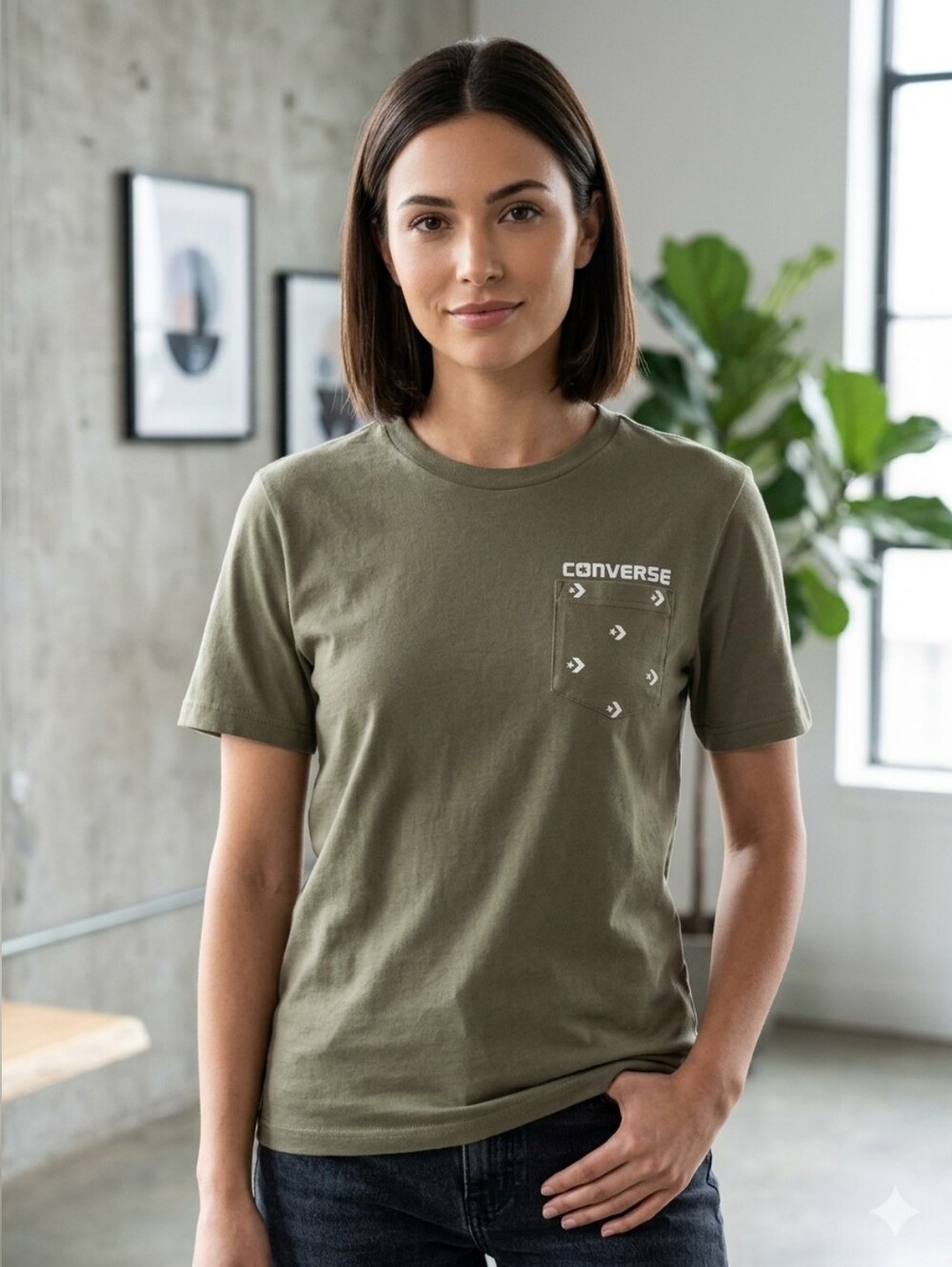 Converse Womens Olive Green Logo Pocket T‑Shirt
